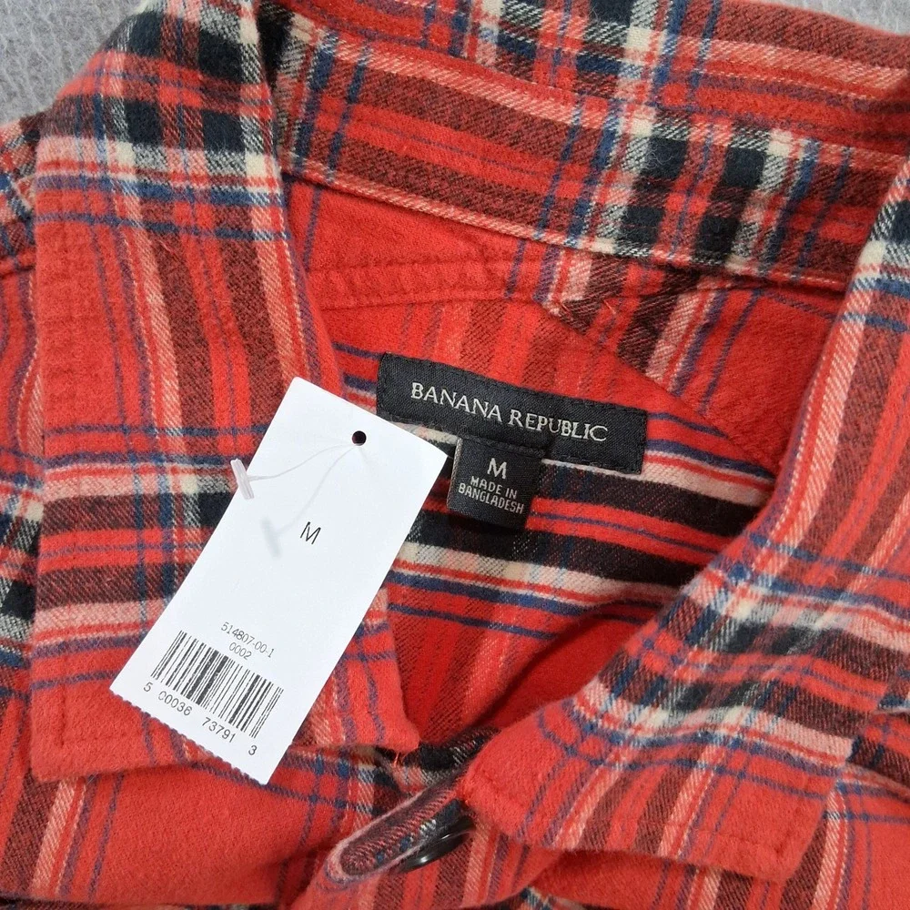 Banana Republic Flannel Shirt Jacket Mens M Red Plaid Flap Pocket Big Button